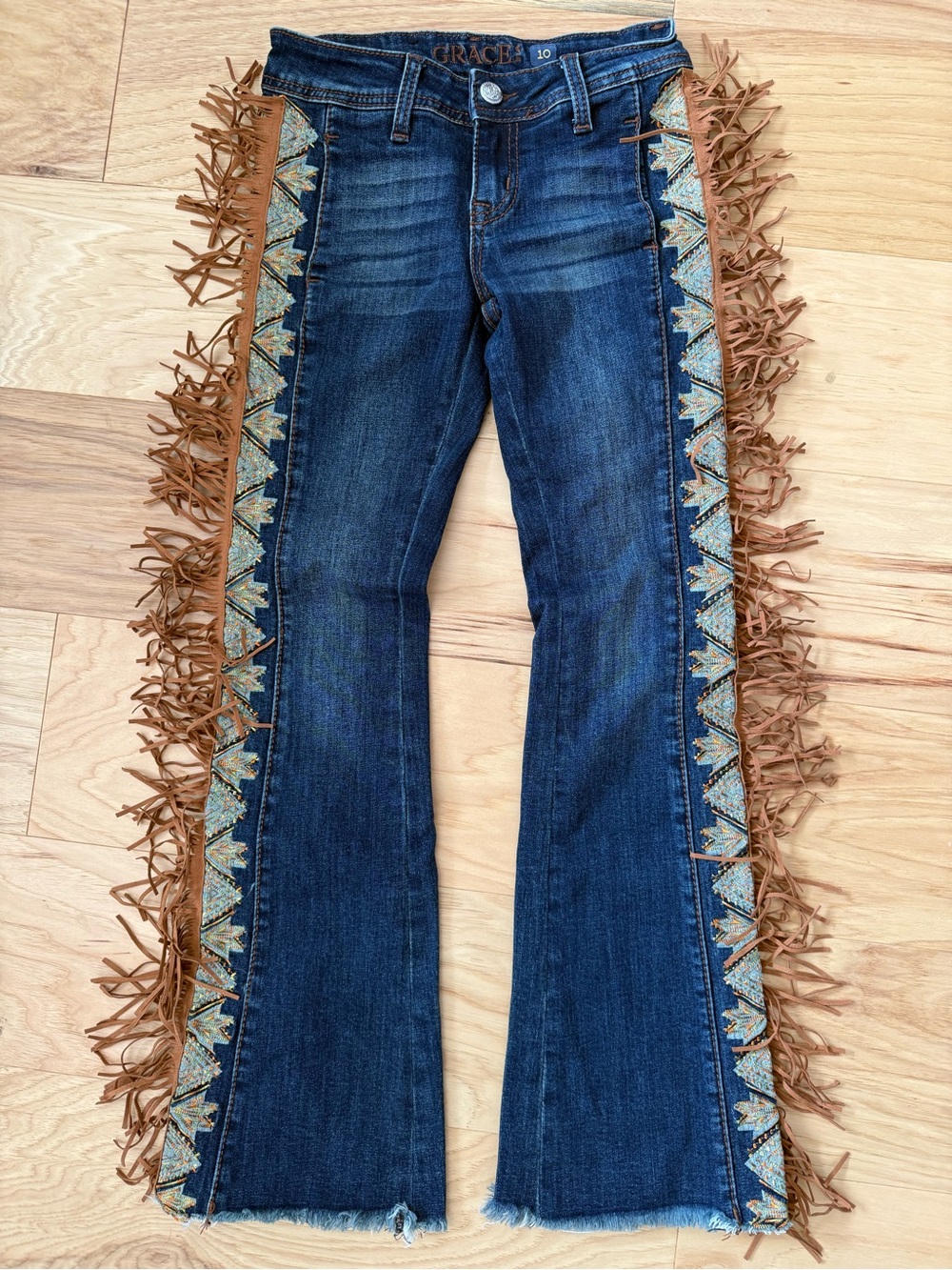 Grace Dark Blue Western Flare Jeans with Tan Fringe and Turquoise Embroidery